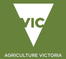 An image of a white triangle with the words VIC in green on a green background with the words Agriculture Victoria in white