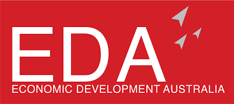 The letters EDA Economic Development Australia in white on a red background